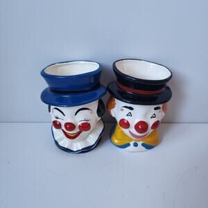 Vintage Clown Head Ceramic Vase Planter Set Of 2 Brinns 5" Tall Smiling Scary